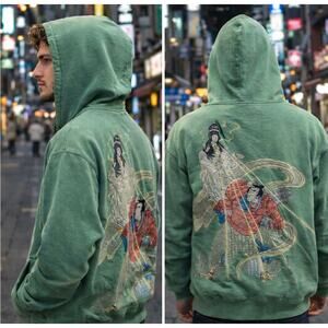 RARE Maharishi Embroidered Vtg Hoodie XXL Green Zip Up Organic Cotton Streetwear
